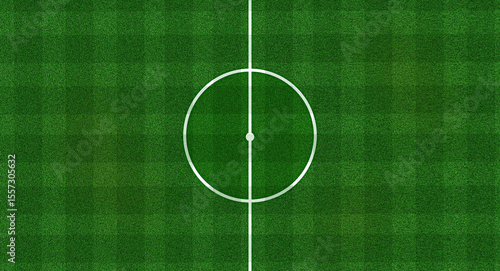 green soccer or football field green pitch cross design white center circle for kick off in stadium top down view background or banner