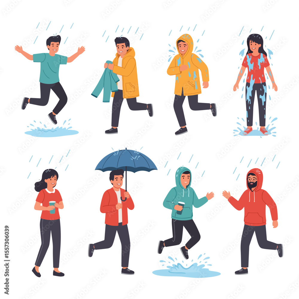 People Walking, Running, and Playing in the Rain Illustration People Walking, Running, and Playing in the Rain Illustration