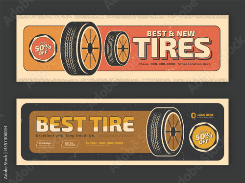 Retro tire shop banner template with discount offer. Realistic tires vector illustration template