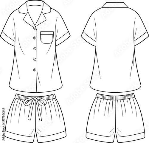 Classic women's pajama set technical flat sketch, featuring a short-sleeve button-up top and drawstring shorts, ideal blank vector template for comfortable sleepwear.