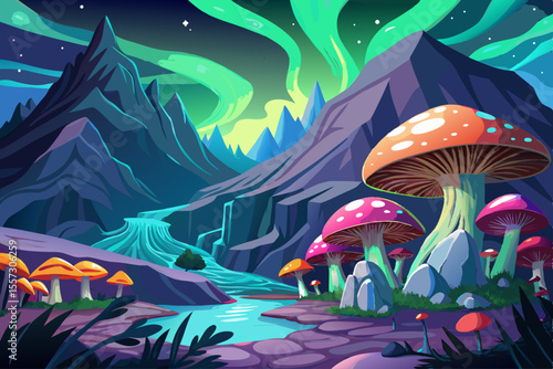 vector of Mushrooms glow under the aurora borealis in a mystical mountain landscape, the mycelium roots cave of the mountain...