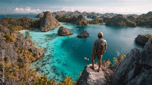 Wallpaper Mural man standing on cliff overlooking turquoise bay and limestone mountains, adventure  Torontodigital.ca