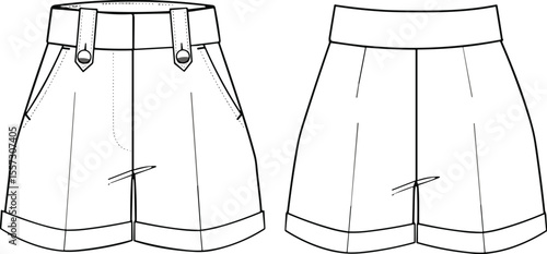 Classic tailored shorts technical flat sketch, featuring a cuffed hem and functional pockets, ideal blank vector template for smart casual fashion apparel designs.