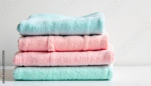 Neatly Folded Pastel Laundry on White Background Serene and Calming Home Lifestyle Image