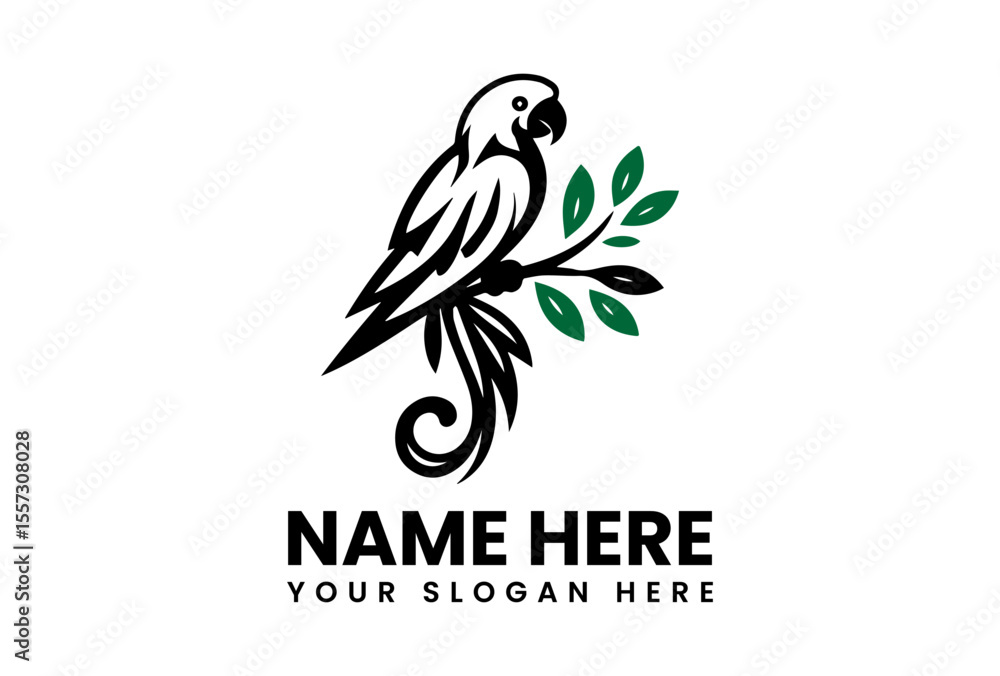 Naklejka premium Stylized logo featuring a parrot perched on a branch with leaves.