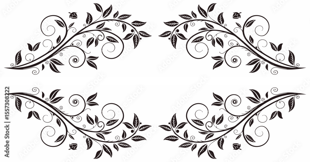 Decorative ornamental page dividers and section breaks with swirly leaves in black design