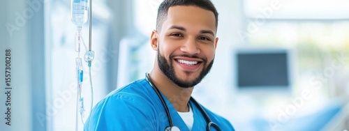 Male Nurse in Scrubs Adjusting IV Drip with Care