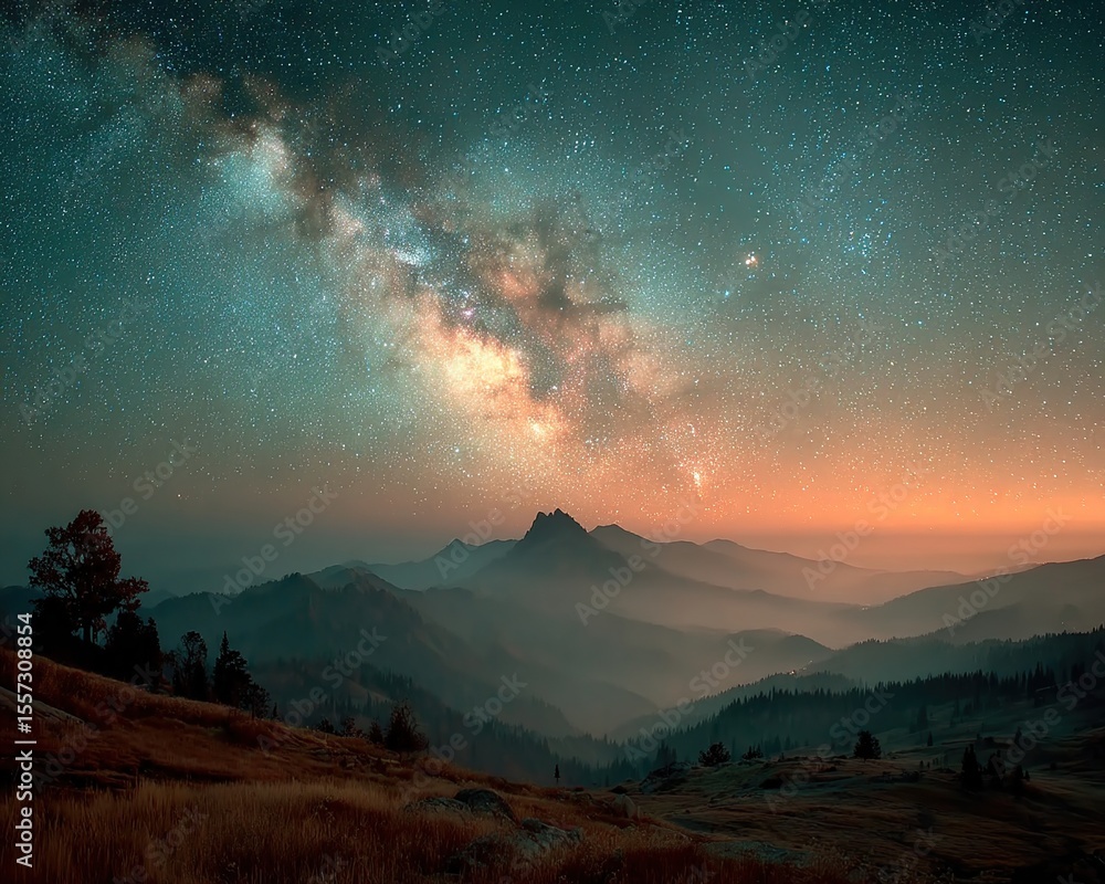 Fototapeta premium Majestic night sky illuminates mountain range with ethereal glow