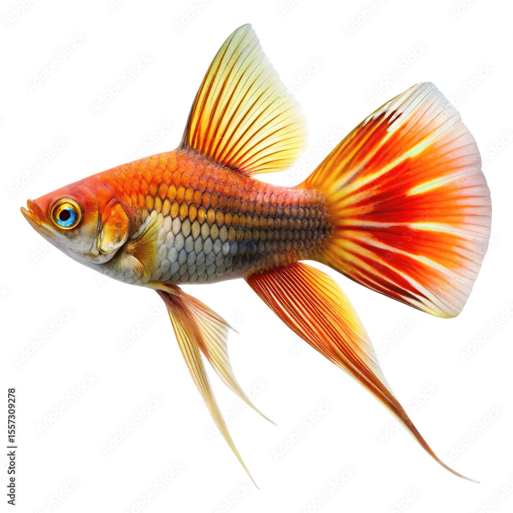 Fototapeta premium Vibrant orange and yellow fish with flowing fins and striking blue eye isolated on transparent background