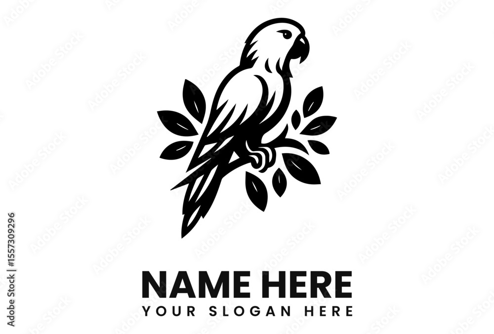Obraz premium Graphic illustration of a parrot perched on a leafy branch in black and white.
