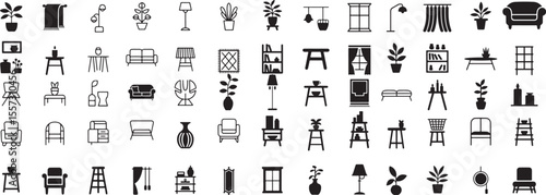Potted plants lamps chairs sofas tables shelves vector
