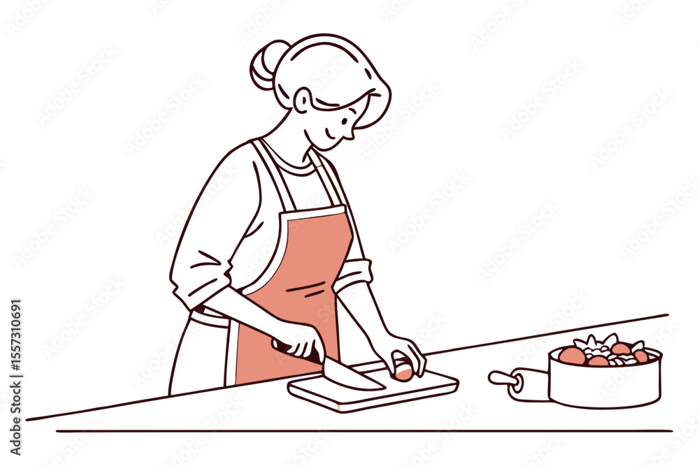 Fototapeta premium Cooking woman in kitchen scene line art culinary lifestyle illustration
