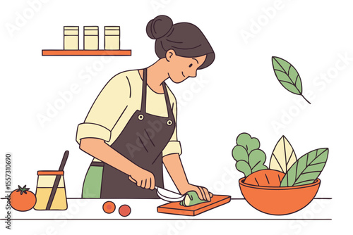 Woman cooking in kitchen line drawing food preparation minimalist sketch