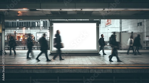 Wallpaper Mural modern train station platform with a blank billboard, urban commuters walking by Torontodigital.ca