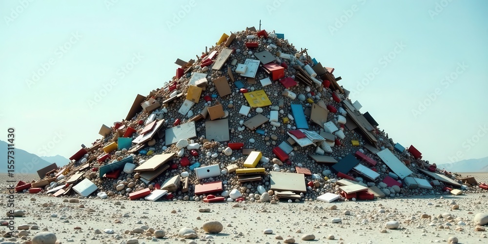 A colorful mound of discarded objects rests on a desolate, pebble-strewn plain under a clear sky, a poignant testament to consumerism and environmental impact A colorful mound of discarded objects rests on a desolate, pebble-strewn plain under a clear sky, a poignant testament to consumerism and environmental impact