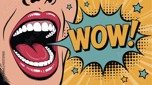 Cartoon Woman with Open Mouth Saying Wow! in Comic Book Style Explosion