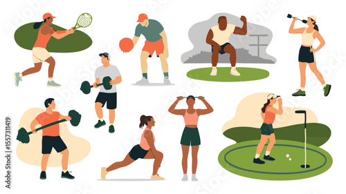 Diverse Athletes Exercising and Playing Sports Tennis, Golf, Basketball, and Weightlifting Flat Illustration