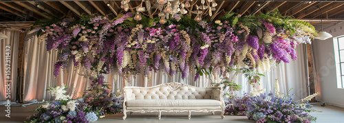 A white, tufted couch sits in front of a curtain backdrop, with abundant purple and white floral accents. This photo is being uploaded to Adobe Stock as part of a batch of stock photos