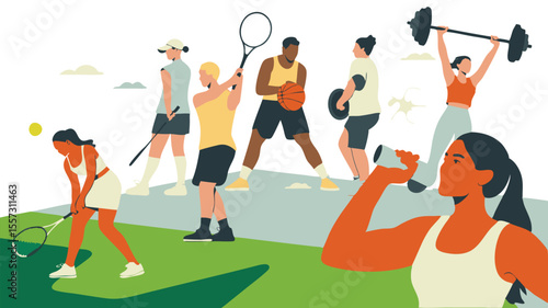 Diverse Group Exercising Outdoors Tennis, Golf, Basketball, Weightlifting, Dumbbells, Healthy Lifestyle Illustration