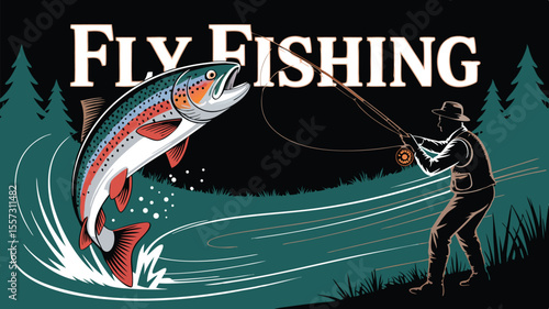 Fly Fishing Illustration with Leaping Trout, Angler Casting Line, and Evergreen Trees on Riverscape