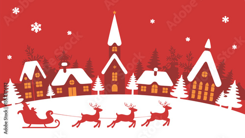 Stylized Red Christmas Village with Santa Sleigh and Reindeer Silhouette Illustration