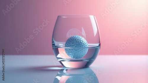 A submerged golf ball in a glass of water rests on a reflective surface against a soft pink backdrop