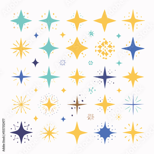 Collection of hand drawn starbursts and decorative star shapes in various colors arranged against a white background, retro style vector illustration
