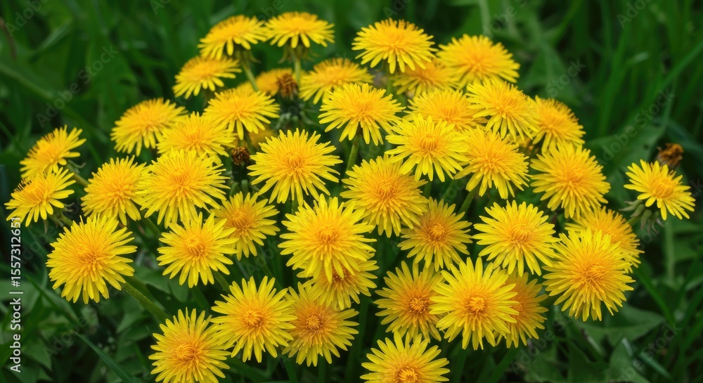Obraz premium Close-up of vibrant yellow dandelion blossoms in a cluster against a backdrop of green grass