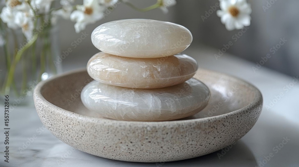 Massage stones in a ceramic bowl on a white marble table. Massage stones in a ceramic bowl on a white marble table.