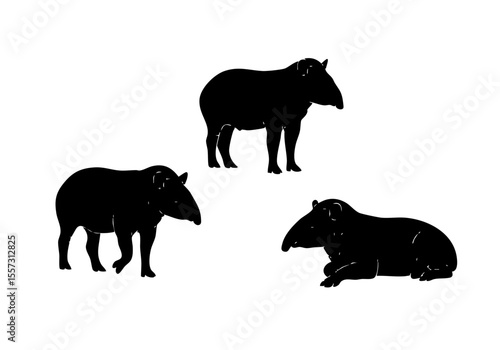 Silhouette Standing and Lying Tapir Wildlife Animal Illustration on White Background
