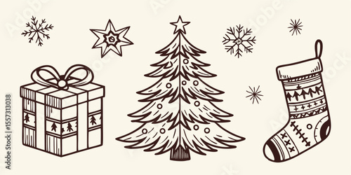 Hand drawn christmas illustration featuring a festive decorated tree wrapped gift snowflake star and patterned stocking in a retro style design.