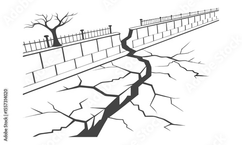 Cracked wall. Damage surface crack and fissure in ground, concrete, crevices from disaster silhouette breaks on land surface from earthquake isolated on white background. Broken ground