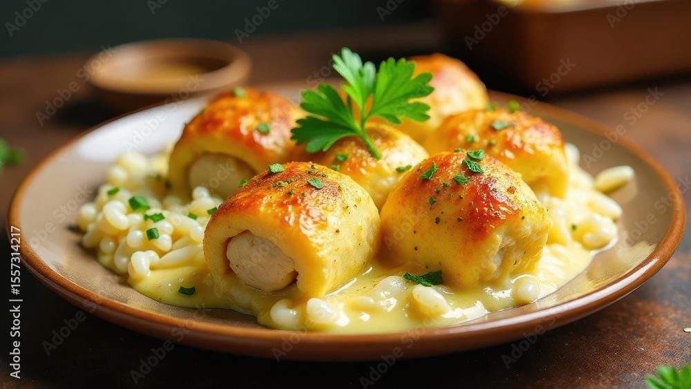 Golden-brown baked chicken rolls in creamy sauce served atop a bed of delicate pasta, garnished with fresh herbs, a delightful culinary creation Golden-brown baked chicken rolls in creamy sauce served atop a bed of delicate pasta, garnished with fresh herbs, a delightful culinary creation