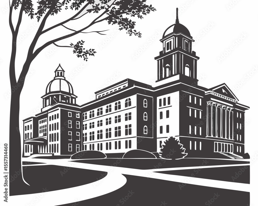 Architectural illustration of a classic building with tree elements and a pathway Architectural illustration of a classic building with tree elements and a pathway