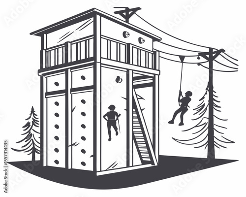 Adventure tower with zipline and climbing wall illustration in a simple black and white style