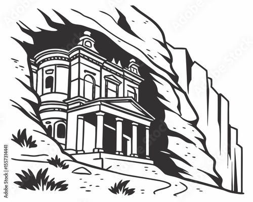 Ancient petra temple carved into rock face black and white vector art
