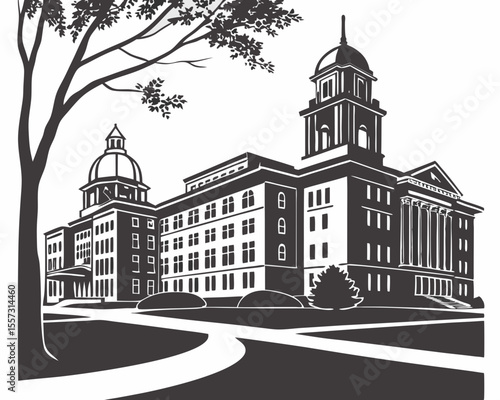 Architectural illustration of a classic building with tree elements and a pathway
