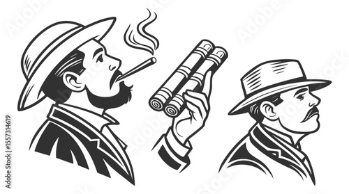 Vintage Black and White Illustration Set of Cigars and Smoking Men