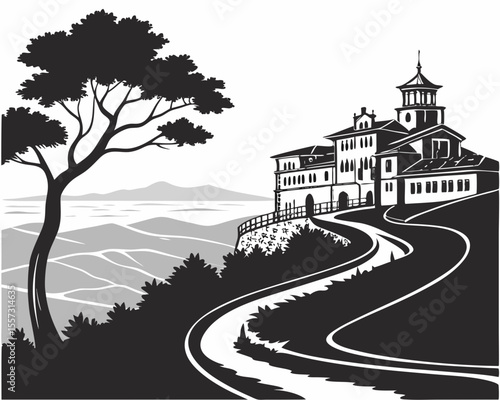 Black and white illustration of a villa on a hillside with a winding road