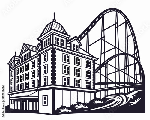 Black and white illustration of rollercoaster and building with transparency on white background