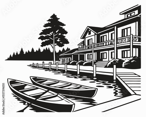 Black and white lake house scene featuring canoes and tranquil natural landscape