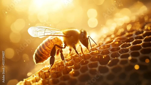 A close-up of a bee collecting nectar on honeycomb, symbolizing pollination and ecology, with golden sunlight highlighting the texture apiculture and biodiversity emphasized