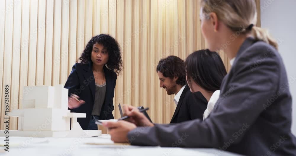 Confident female architect leads a meeting with colleagues in a design firm. Team listens attentively while reviewing a scale model and discussing creative ideas for a building project. Confident female architect leads a meeting with colleagues in a design firm. Team listens attentively while reviewing a scale model and discussing creative ideas for a building project.