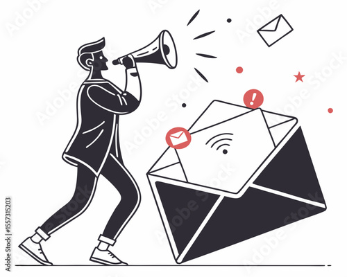 Man announcing digital marketing message near email envelope with transparency.