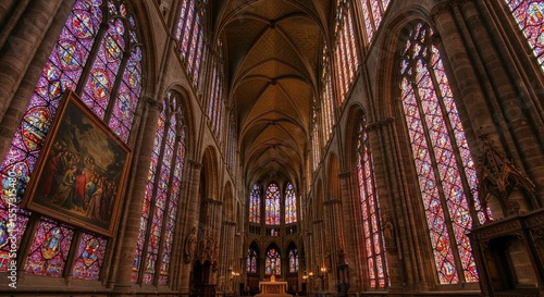Grand Cathedral Interior with Stained Glass