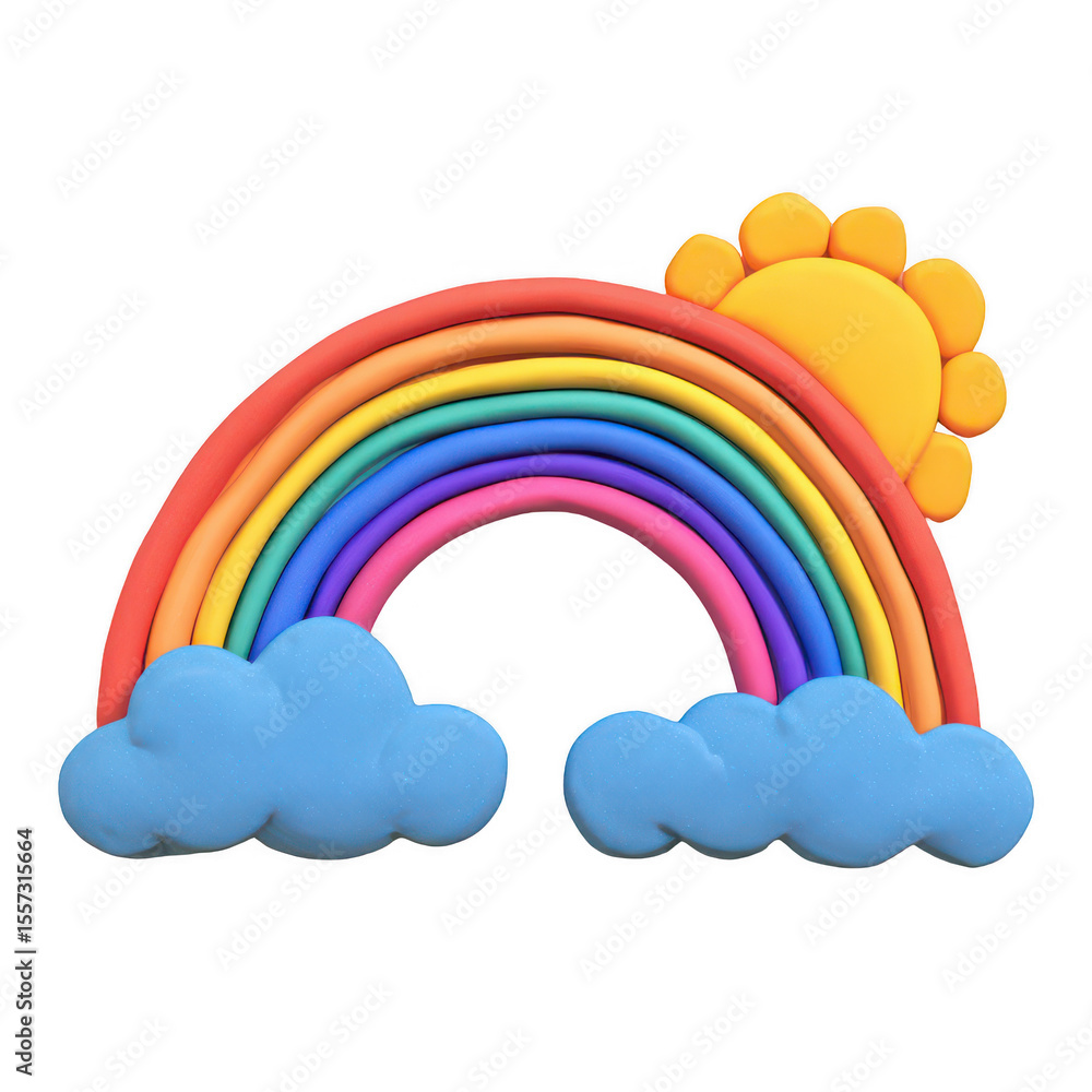 3D cartoon plasticine rainbow, sun, and clouds isolated on a white background, png, transparent 3D cartoon plasticine rainbow, sun, and clouds isolated on a white background, png, transparent