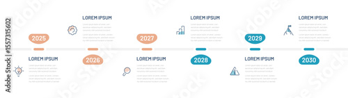 A timeline with dates to reflect the process of reaching the time. Infographics for a presentation, website, or booklet. Modern chart with 6 dates or steps
