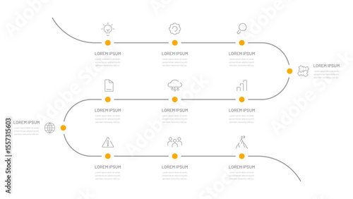 An eleven-step schedule for evaluating the implementation of a project or business plan. Infographics for the presentation, a report in the form of a sequential route. Modern timeline	