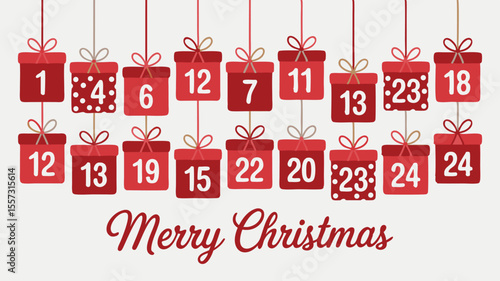 Red Christmas Advent Calendar With Numbered Gift Boxes Hanging on Strings and Merry Christmas Script