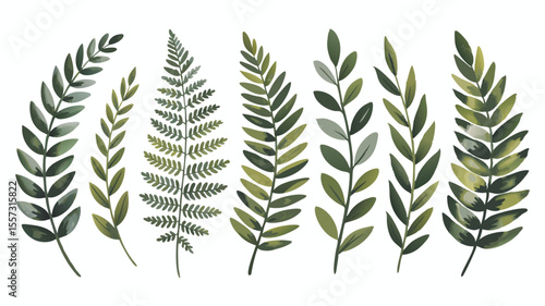 Watercolor Illustration of Six Green Sprigs and Fern Frond on White Background, Botanical Design